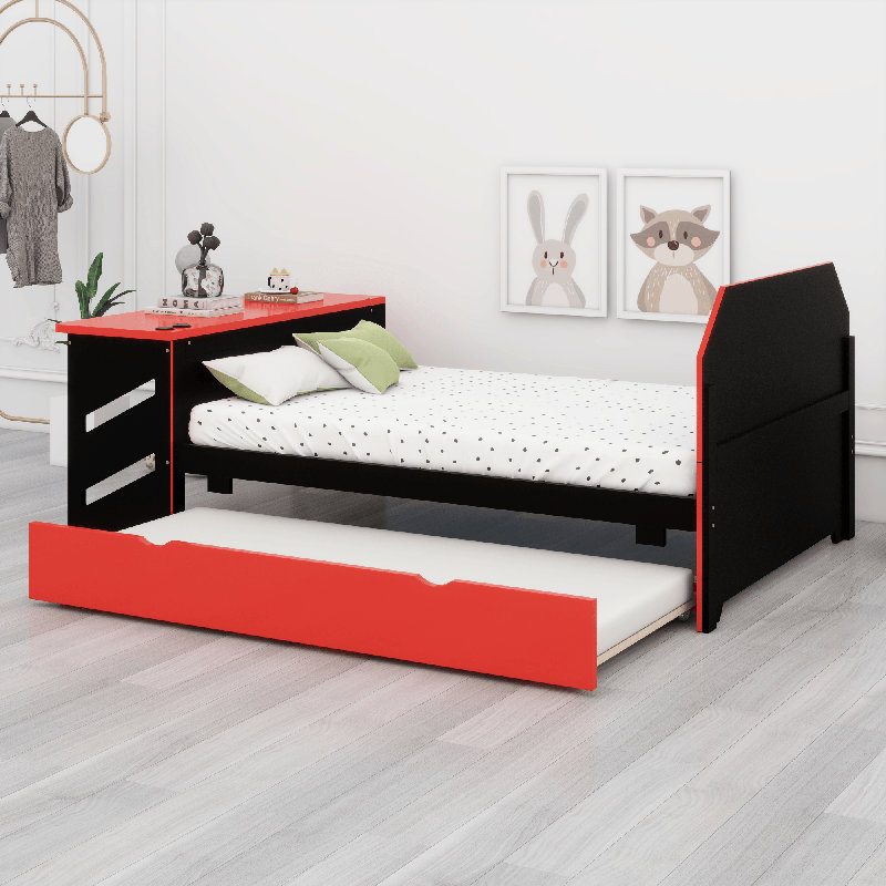 Lit de jour en bois avec couchette, Rouge