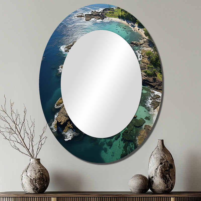 Vue aérienne de l'île tropicale III - miroir mural ovale côtier, 40 po x 30 po