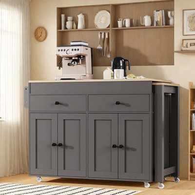Kitchen Island With Extendable Dining Table, Wheels, Spice Rack, 2 Drawers And Cabinets