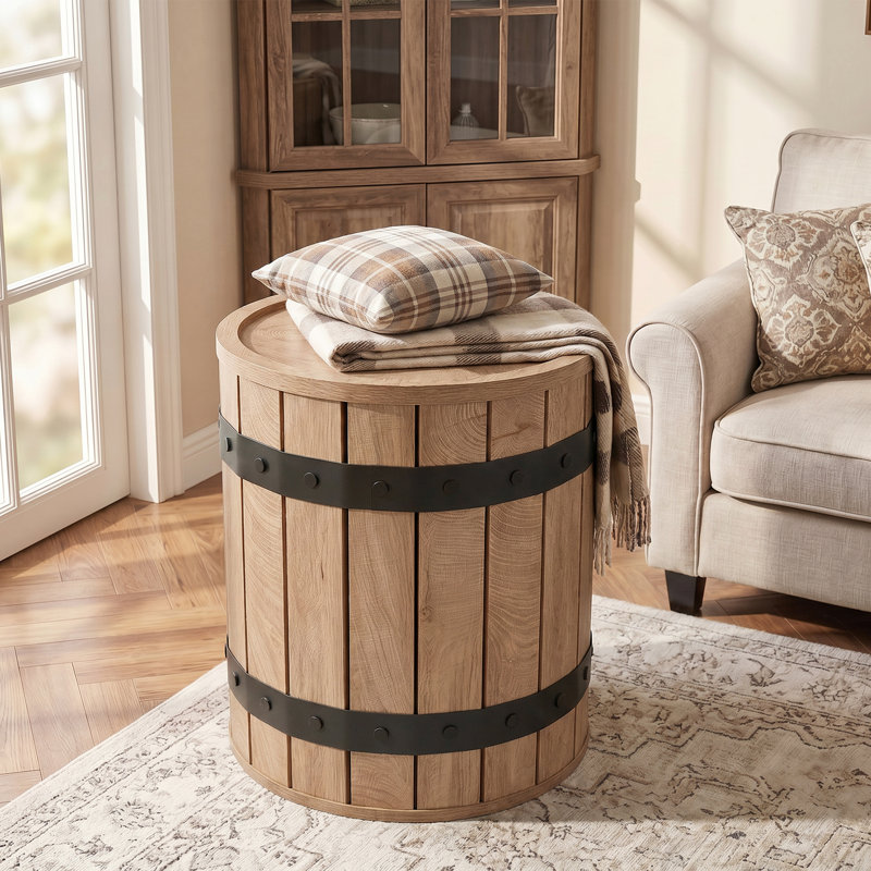 Round Barrel Side Table with Hidden Storage, Rustic Brown