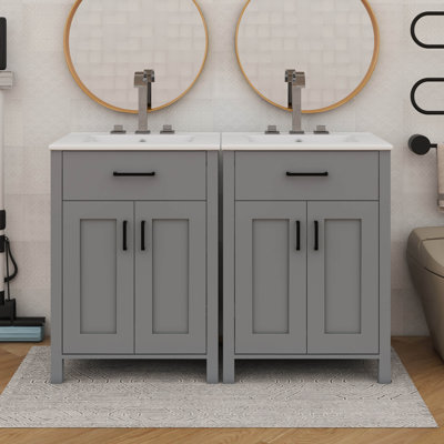 Ensemble de meuble-lavabo contemporain 48 po avec lavabo en céramique, unité de rangement avec tiroir rabattable et porte à deux niveaux
