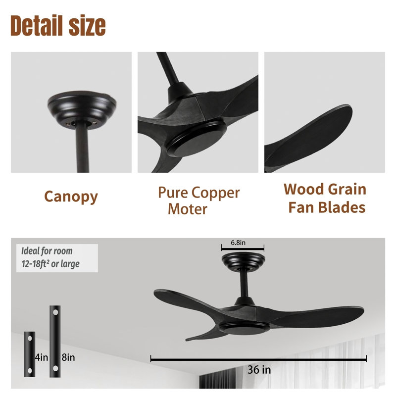 Ventilateur de plafond en bois 36 "sans lumière, Noir
