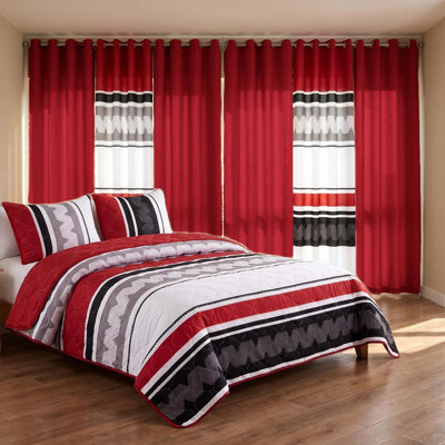 Ensemble de literie et de rideaux 9 pièces pour grand lit rouge et gris (grand) - Couvre-lit matelassé en microfibre + voilages