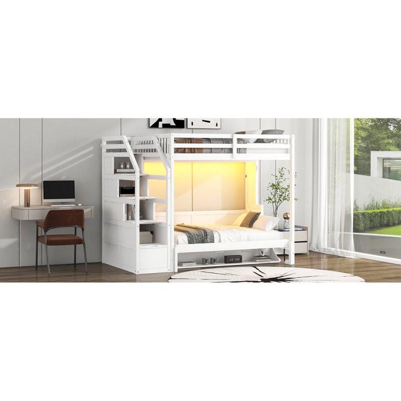 Lit mezzanine double très grand avec escalier de rangement et lit escamotable double avec lumière DEL, blanc