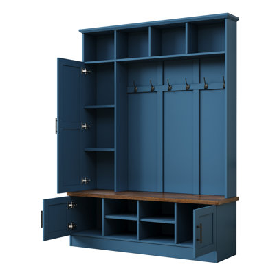 Farmhouse Hall Tree with Bench, 6 Coat Hooks, 3 Storage Cabinets & Adjustable Shelves, 55" Entryway Storage Organizer for Mudroom, Hallway & Foyer