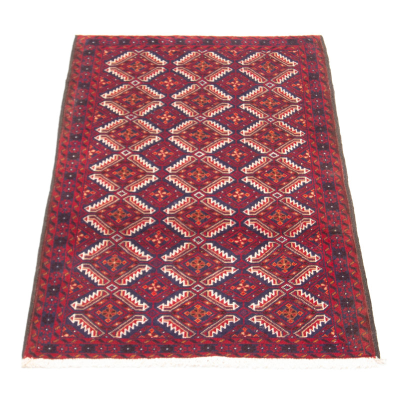 Tapis unique en laine noué à la main 3 pi 3 po x 5 pi 7 po nouvel âge Carvey en rouge / bleu / mauve