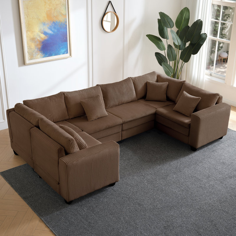 128" Wide U Shaped Sectional Sofa Couch Comfy Corduroy Modular Cloud Sofa, Brown Corduroy