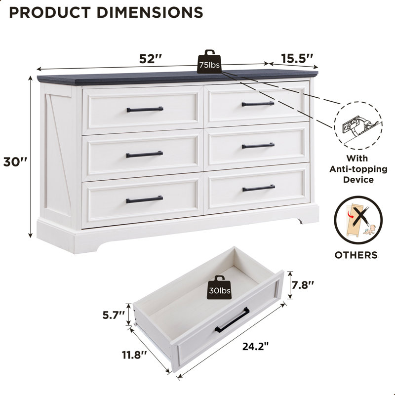 52 " W 6 - Drawer Dresser, White/Black