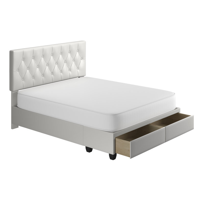  Faux Leather Upholstered Tufted Platform Storage Bed Frame, White, Full/Double