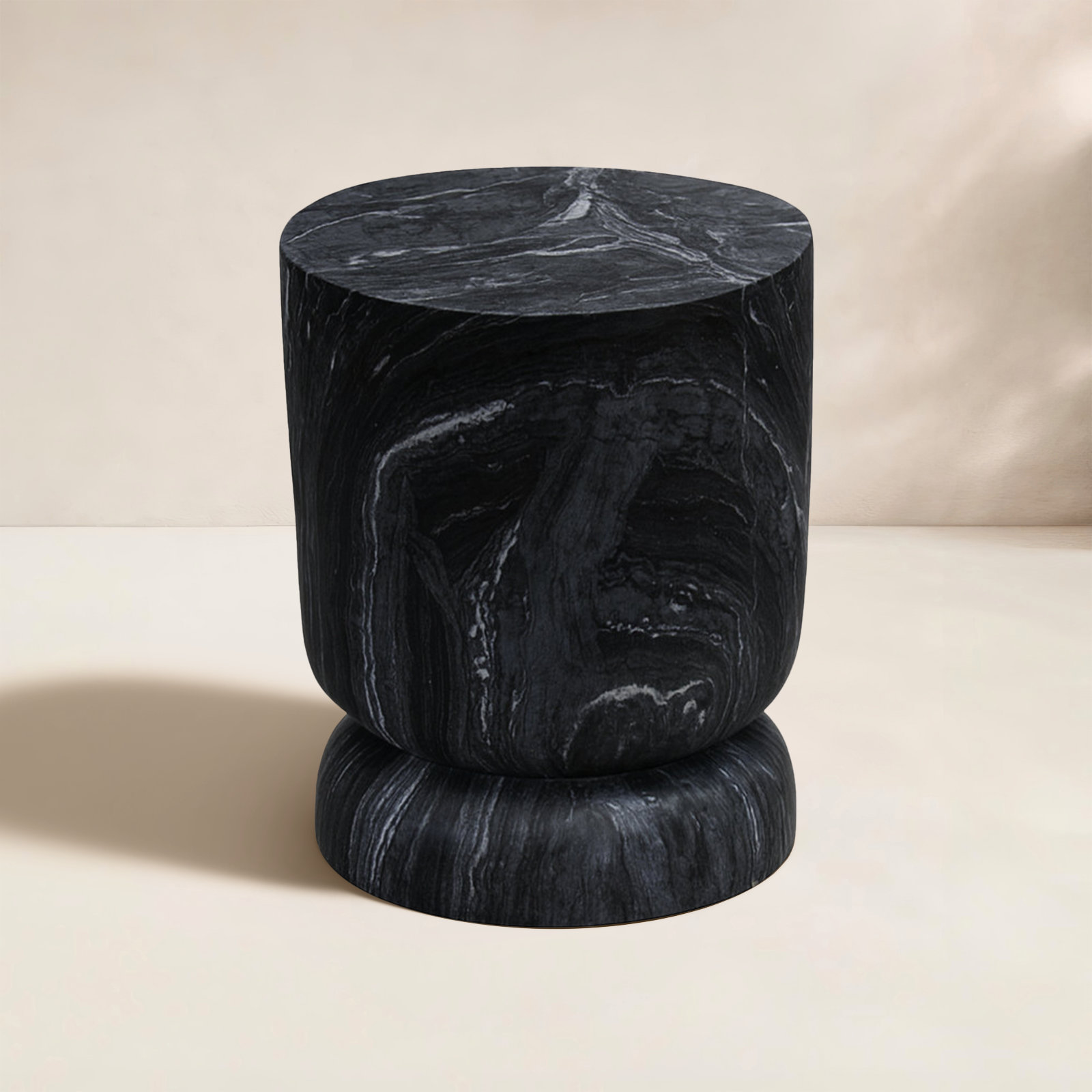 Zofia Composite Round Black Marble Accent Table, Black Marble