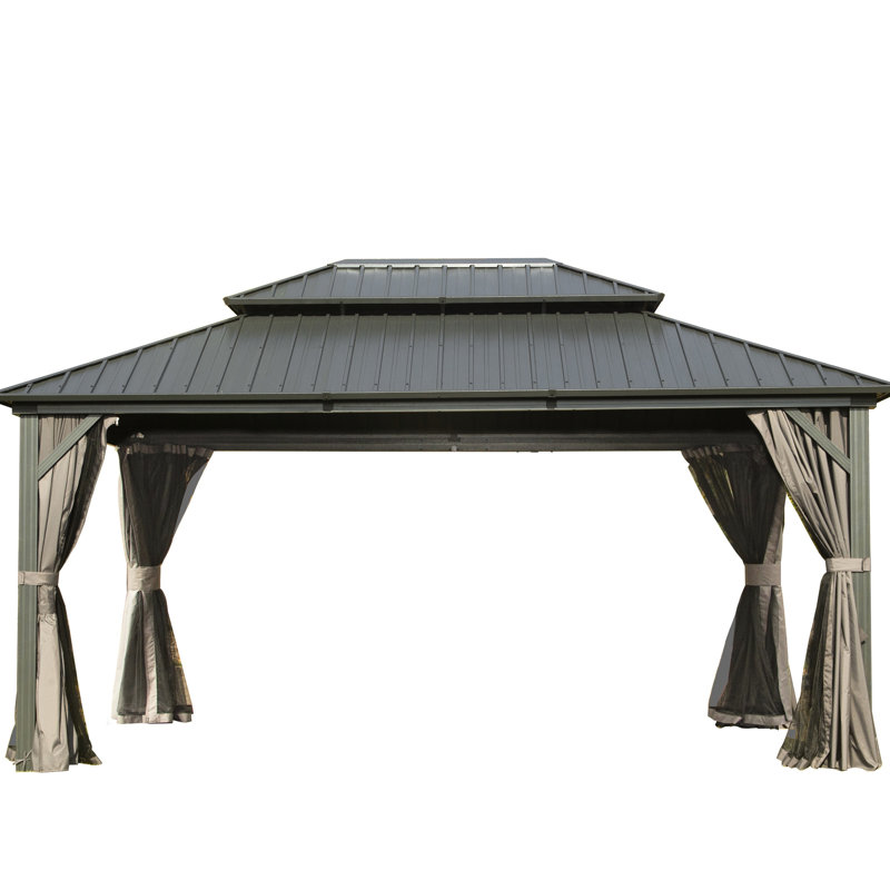 Pavillon de jardin 12 pi x 14 pi, matériaux, double toit, pour patio, cour arrière, terrasse, pelouse avec cadre en aluminium - et pelouse élégante, gris