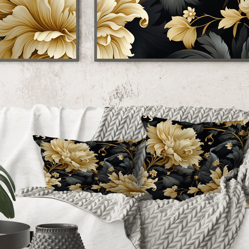 Coussin en polyester luxueux à motif floral damassé noir et beige