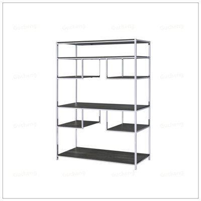 Bibliothèque Vonara en chêne gris rustique et finition avec sept tablettes ouvertes, idéale pour un décor moderne et industriel.