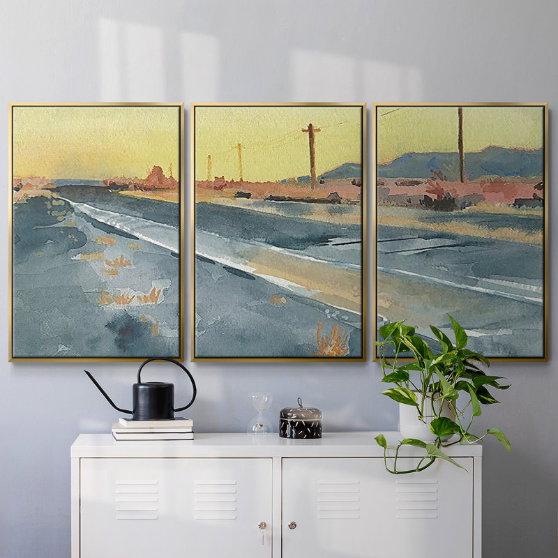 «Deserte Highway I», reproduction sur toile 3 pièces, H 24 po x l 48 po, Encadrement doré