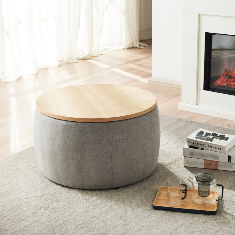Repose-pieds rond 26 po avec rangement en tissu et bois naturel et gris foncé