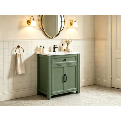 Green 27.8 Inch Freestanding Bathroom Vanity Cabinet, Mid‑Century MDF Vanity with Integrated Ceramic Sink, Flip‑Top Drawer, Metal Handles & Reinforced Support Legs