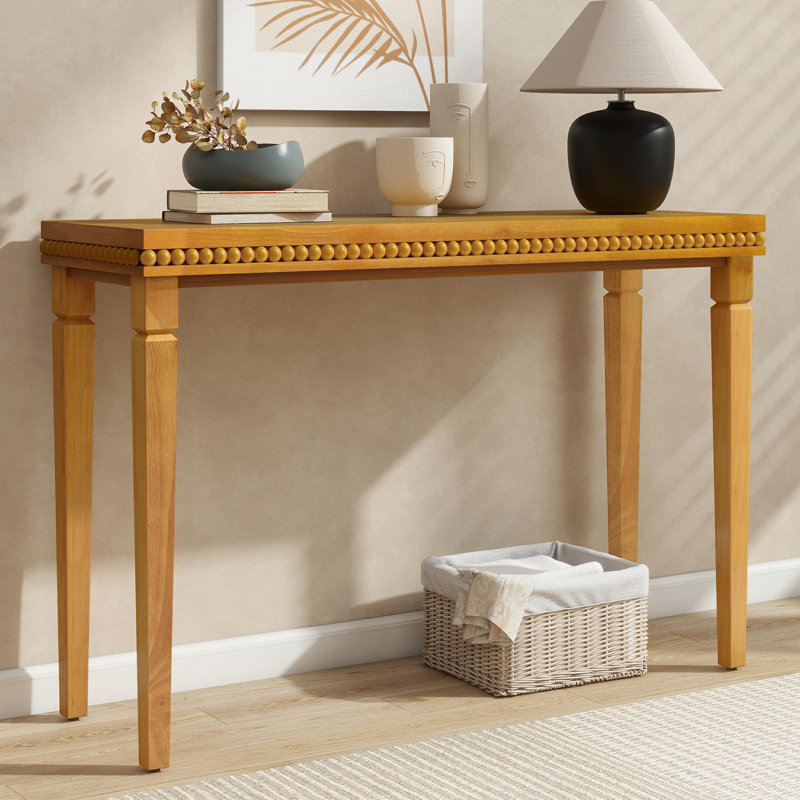 Console en bois rustique Farmhouse - Garniture perlée décorative, table d'entrée longue pour le salon, Brun