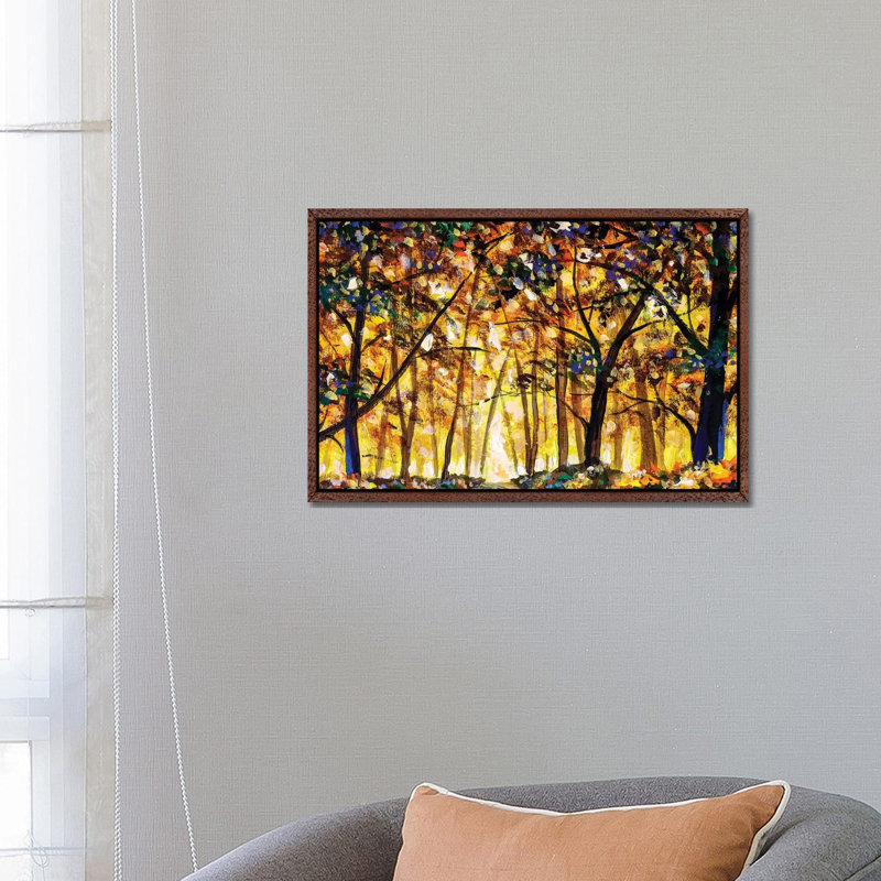 Gold Orange Autumn Forest Landscape 1 Piece Painting on Canvas, 45.72cm H x 66.04cm W x 3.81cm D, Classic Brown Wood Framed