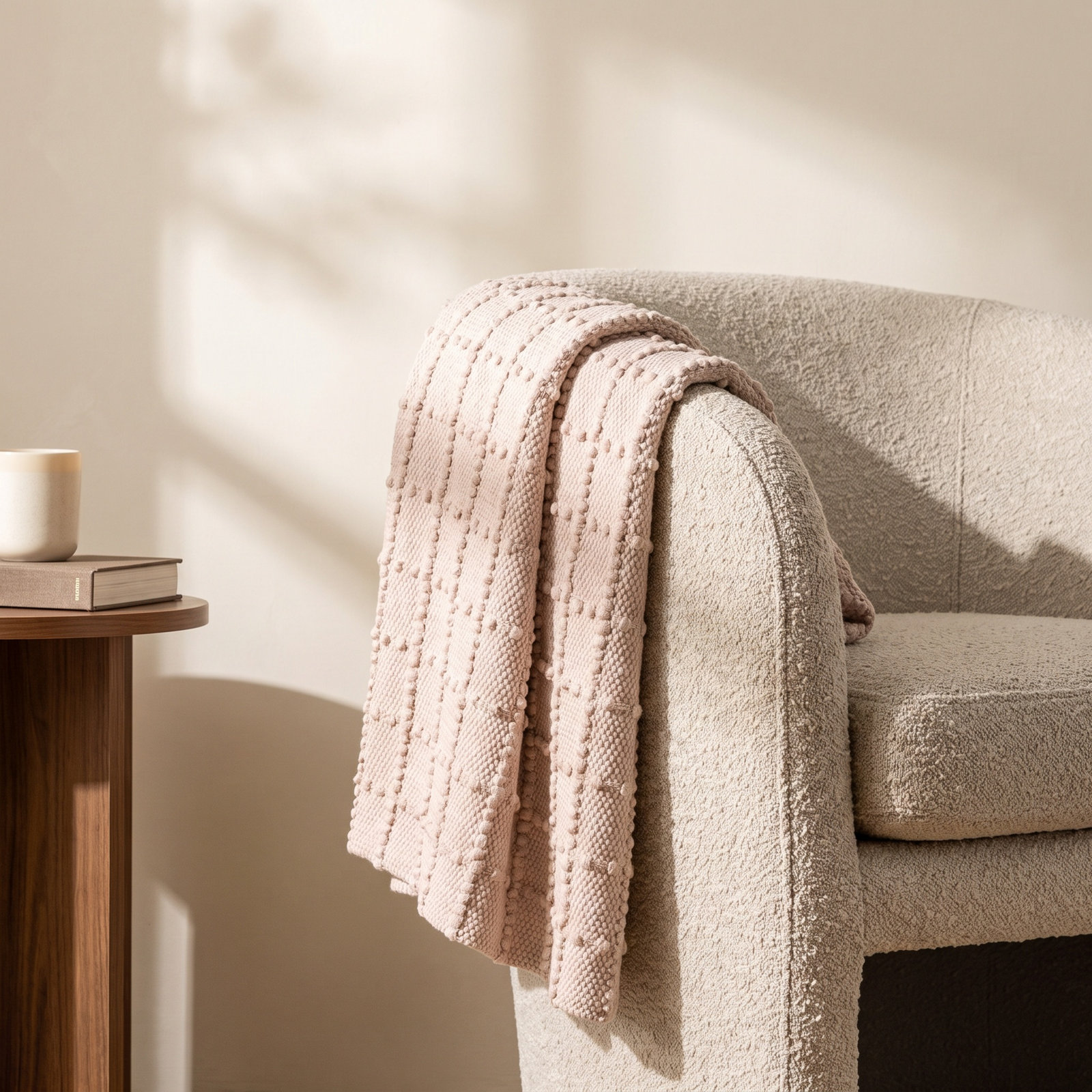 Blush Pink Plaid Hand-Loomed Cotton Bobble Mat