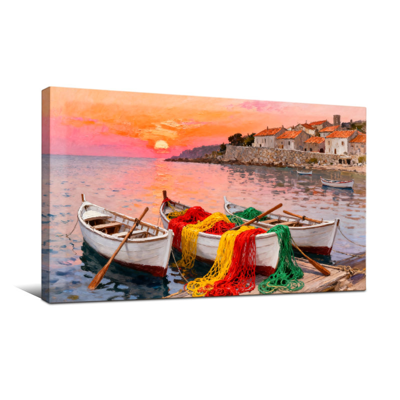 Nautique et plage, coucher de soleil, port, bateaux, filets, coloré, village, ciel, eau, H 24 po x l 48 po