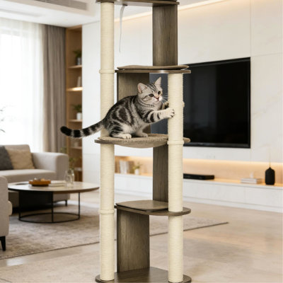 Grand arbre à chat d'angle avec fonction de basculement, quatre rebords rembourrés pour l'escalade, 65 po de hauteur, blanc crème, panneau de particules et jute relaxant, matériau du tissu
