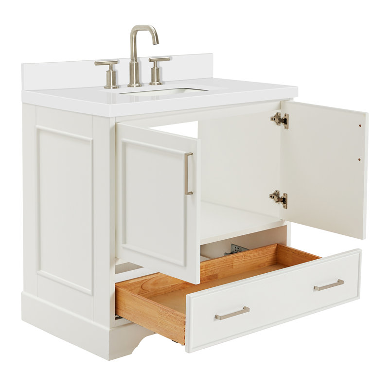 37'' Single Bathroom Vanity with White Quartz Top, White