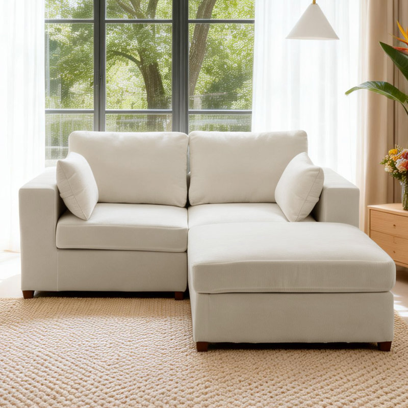 Canapé d'angle rembourré 2 pièces avec 1 repose-pieds, Lin beige