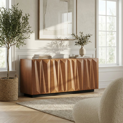 Buffet d'inspiration Mid-Century de 60 pouces avec porte à motif géométrique 3D et quatre compartiments de rangement pour le salon, la salle à manger ou la chambre à coucher