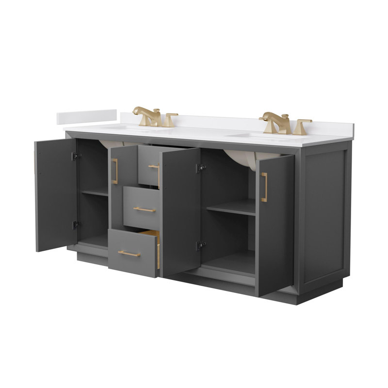 Meuble-lavabo double autoportant avec plateau en marbre Strada, Gris / bronze satiné, L 72 po, Noir mat
