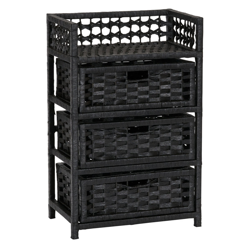Commode tissée 3 tiroirs avec poignées découpées et corde de papier teintée noire, Noir