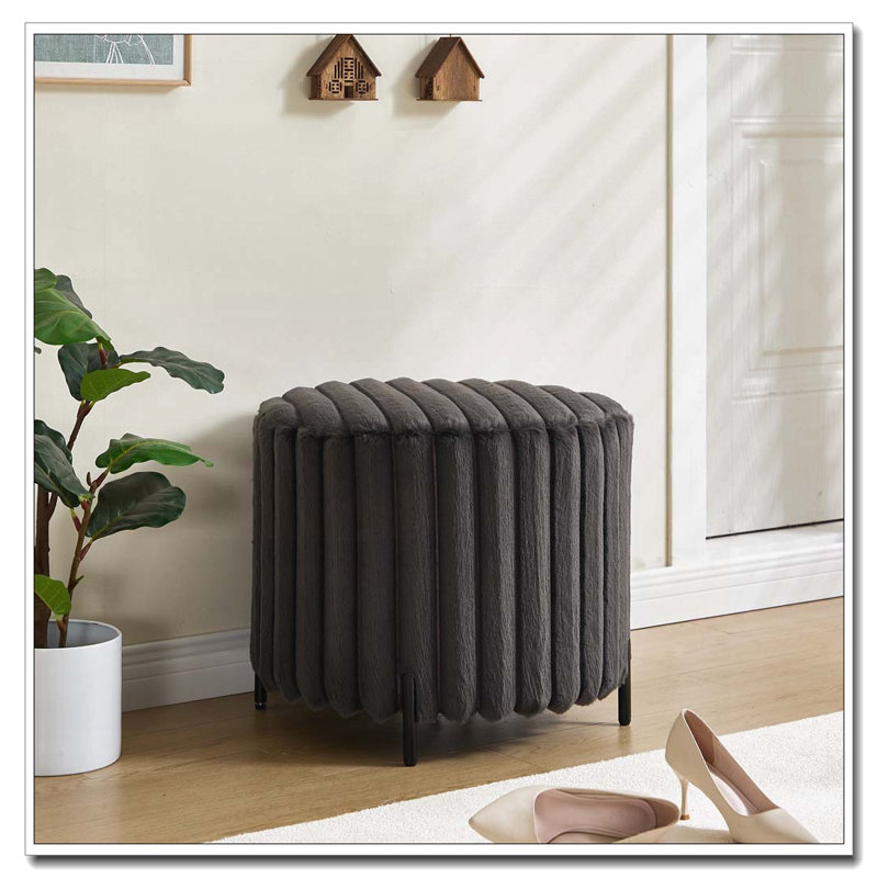 Faux Fur Upholstered Round Ottoman with Black Metal Legs, Charcoal