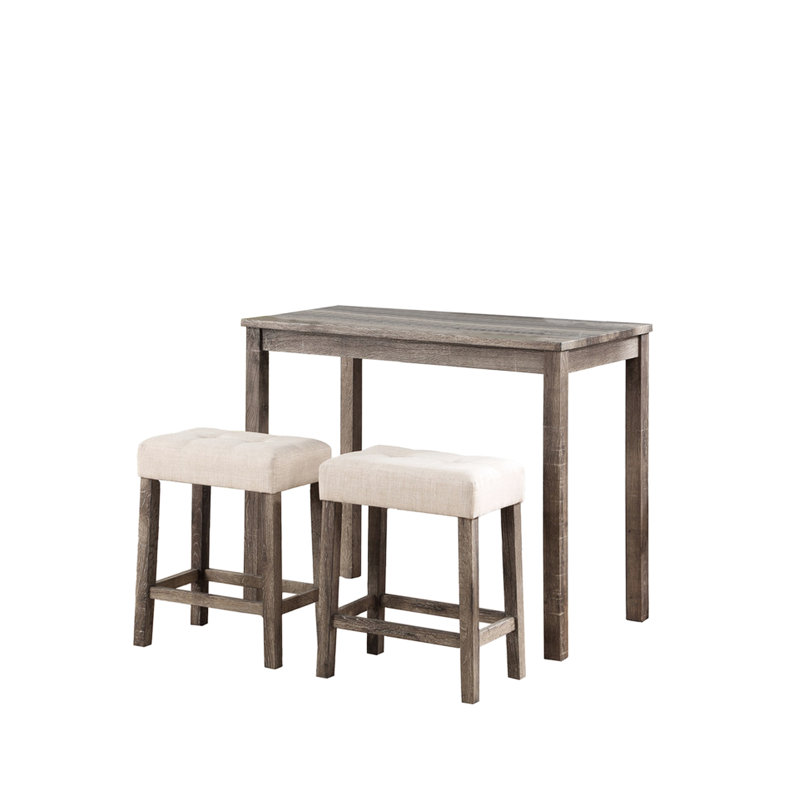 Table de pub 3 pièces, couleur brune, 2 tabourets en lin, finition en placage de papier, 42 po de largeur, 36 po de hauteur, compacte pour la cuisine, conception ergonomique, Tuck-Under Seats avec motif en bois naturel, table,