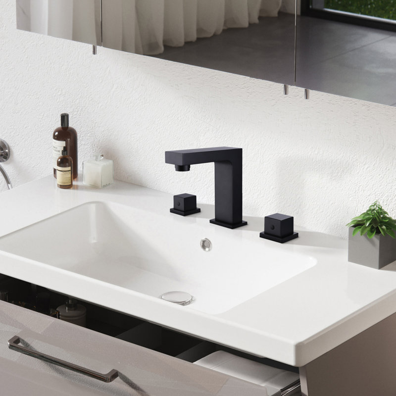 8 Inch Matte Black 3 Hole 2 Handle Solid Brass Bathroom Sink Faucet With Valve, Matte Black