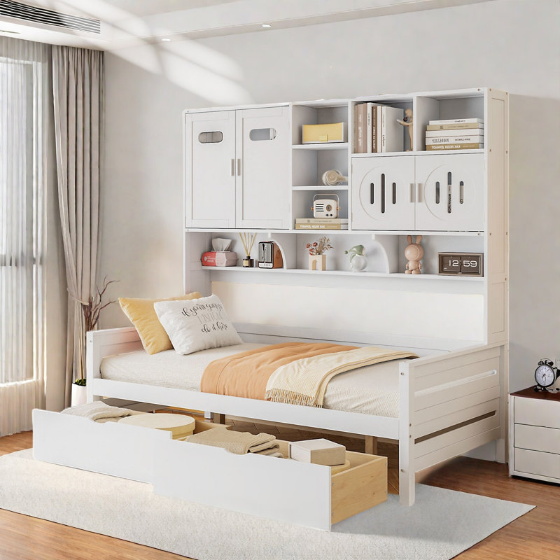 All-in-one Wooden Daybed With 2 Drawers, Cabinets And Shelves, Twin, White