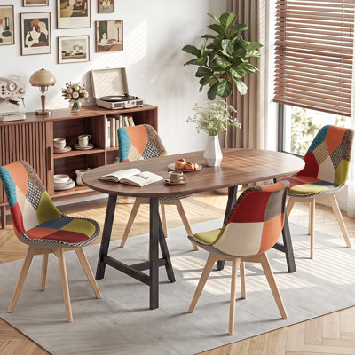 42.5cm H Patchwork Fabric Dining Chair, Retro Style Upholstered Side Chair with Solid Wood Legs
