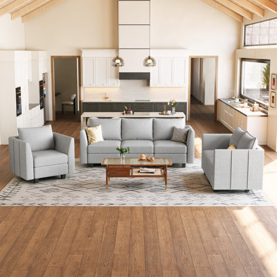 Ensemble de canapé de rangement en chenille 3 pièces Aurora, ensemble de canapé modulaire d'appartement avec housse de coussin amovible, fauteuil simple, canapé 2 places et canapé 3 places