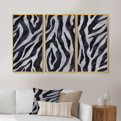 Détail de lignes de zèbre noir et blanc II - ensemble de 3 toiles encadrées encadrées