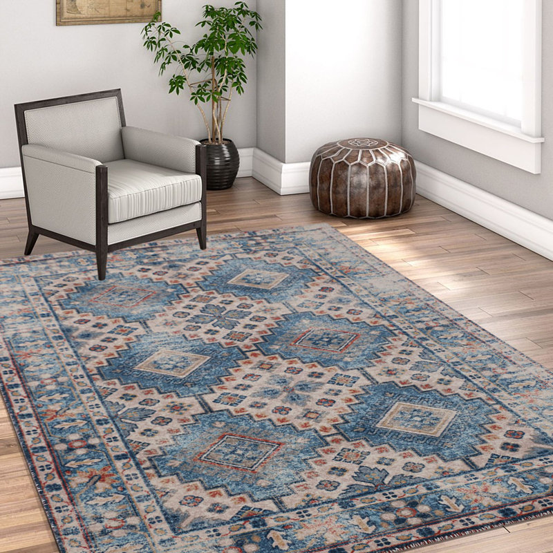 Tapis oriental bleu / beige / gris touffeté Oriental, Rectangle 7 pi 6 po x 9 pi 6 po