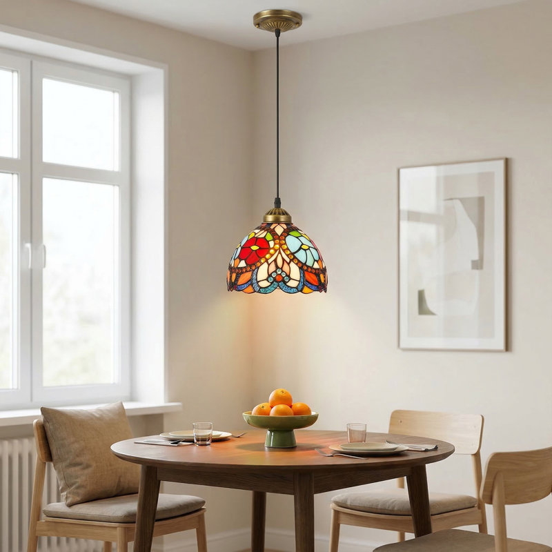 Luminaire suspendu Tiffany à 1 lumière avec abat-jour en verre coloré floral (ampoule incluse)