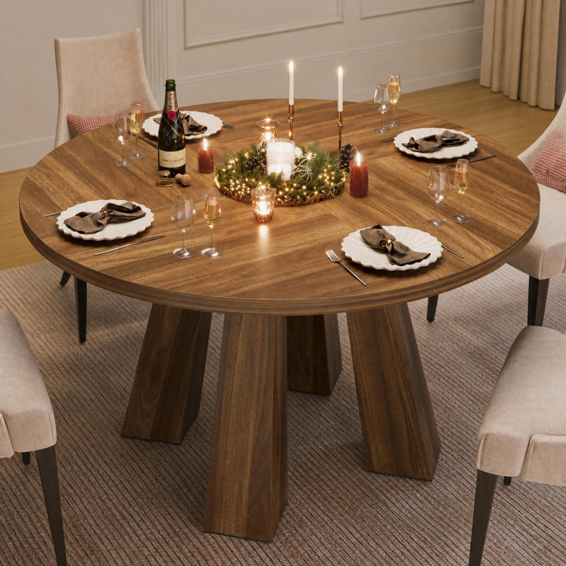 Round Dining Room Table for 4-6, 47" Wood Kitchen Table with Sturdy Base, Farmhouse Circle Dinner Table for Living Room, Apartment, 4 Strong Legs, Only Table, Walnut