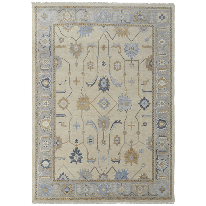 Karina Hand Knotted Wool Oriental Area Rug in Blue/Beige/Gray, Rectangle 12' x 15'