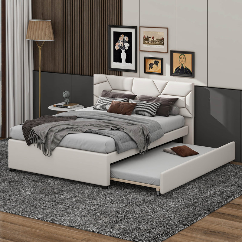 Élégant lit plateforme tapissier, tête de lit à motif brique avec lit gigogne, Double , Beige