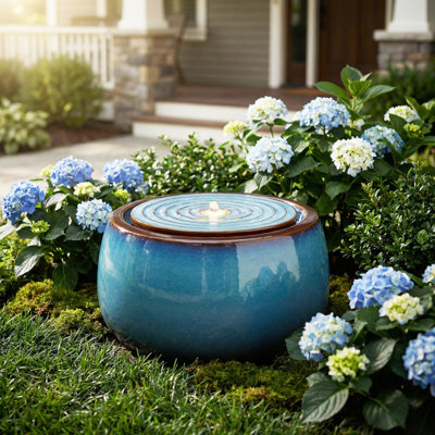 Blue Glazed Ceramic Outdoor Fountain with LED Light – Modern Round Water Feature for Garden, Patio & Balcony