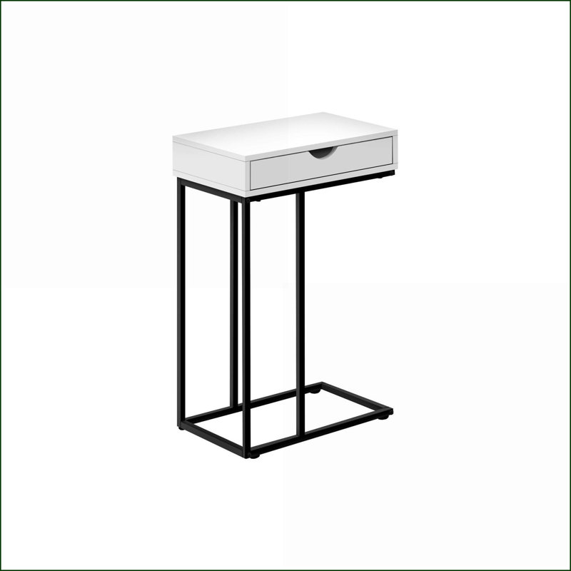 Table basse en forme de C pour économiser de l'espace Chambre à coucher, plateau en stratifié blanc avec cadre en métal noir, tiroir de rangement