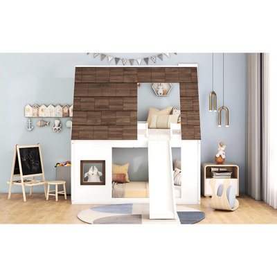 Twin Size House Bunk Bed With - White And Brown, For Bedroom Space + Brown Slide Construction
