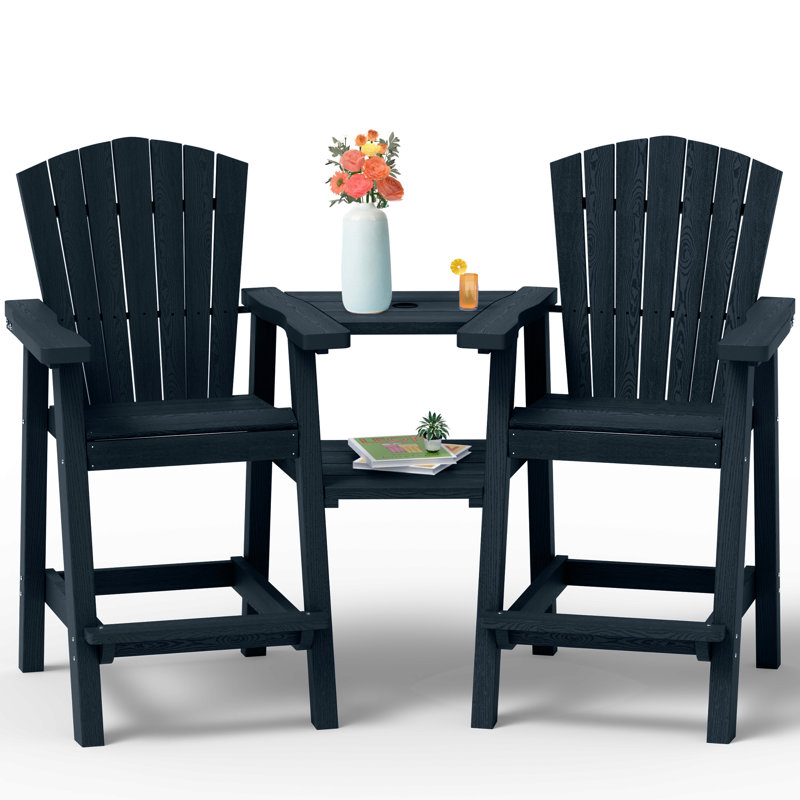 HDPE Tall Adirondack Chair Set with Removable Double Connecting Trays (Set of 2), Dark Blue
