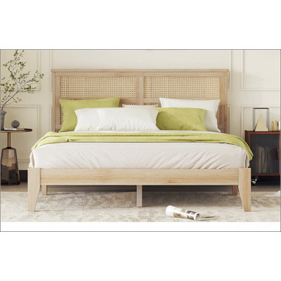Queen Size Rubber Wooden Bed With Rattan Headboard And Support Feet, Perfect For Storage And Comfort