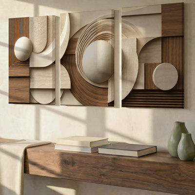 3 Pieces Exculisive Ivory Sand and Walnut Geometric Relief Wall Art, Modern Canvas Decor for Living Room, Bedroom, Office and Home, Ready to Hang