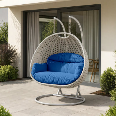 Fauteuil d'œuf d'extérieur en osier pour 2 personnes avec support et coussins Mendoza - Double balancelle suspendue résistante aux rayons UV pour patio et jardin