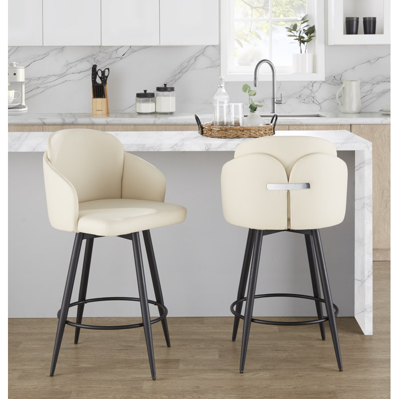 Cream Faux Leather and Chrome Swivel Counter Stools, Set of 2